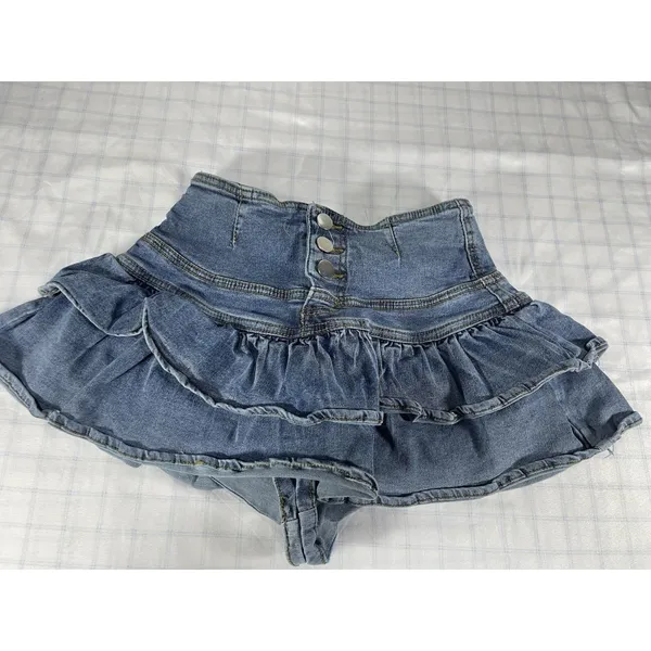 Denim Tiered Ruffled Skort High Waist Shorts Mini Skirt Medium Wash - Size XS - Image 4
