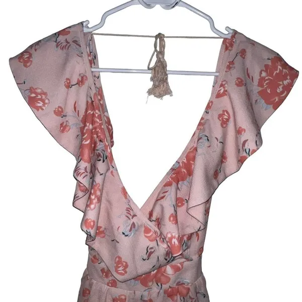 Angel Biba Open Back Orange Floral‎ Romper Ruffle V Neck Tassle Back Ties Size 8 - Image 2
