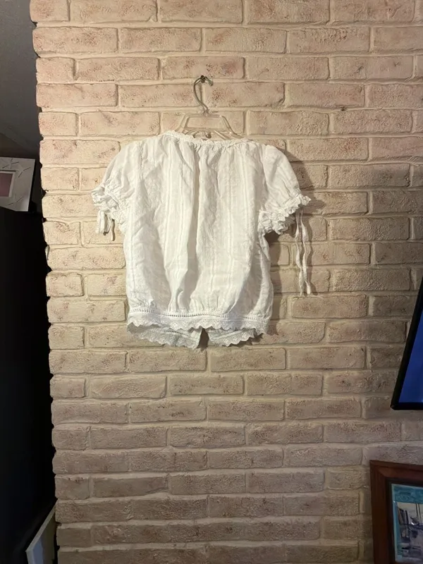 Cider White Eyelet Lace Trim Puff Sleeve Tie Front Crop Blouse Size L - Image 3