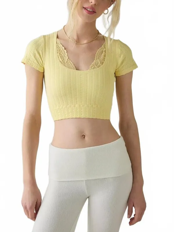 UO Out From Under Thalia Seamless Knit Lace Trim Crop Tee Urban Outfitters S/M - Image 4