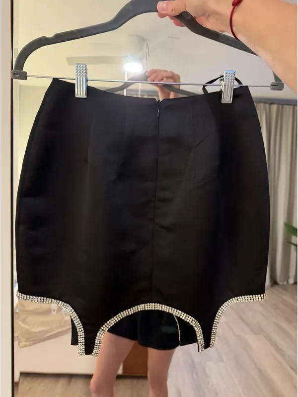 Black satin mini skirt with rhinestone trim size XS - Image 2