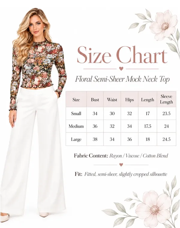 Alice + Olivia Floral Semi-Sheer Mock Neck Long Sleeve Cropped Mesh Top - Image 3