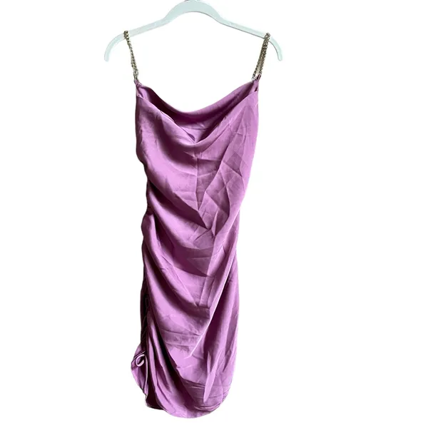 Astr Trista Satin Chain Link Strap Mini Dress Pink Size XS Barbie Party Ruched - Image 2