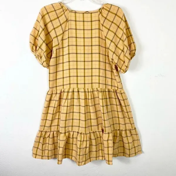 Dra Los Angeles Yellow & Grey Plaid Puff Sleeve Tiered Cottagecore Mini Dress - Image 2