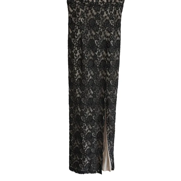 Vintage Y2K 90s Prom Black Maxi Dress Floral Beaded Lace Formal Column Gown - Image 3
