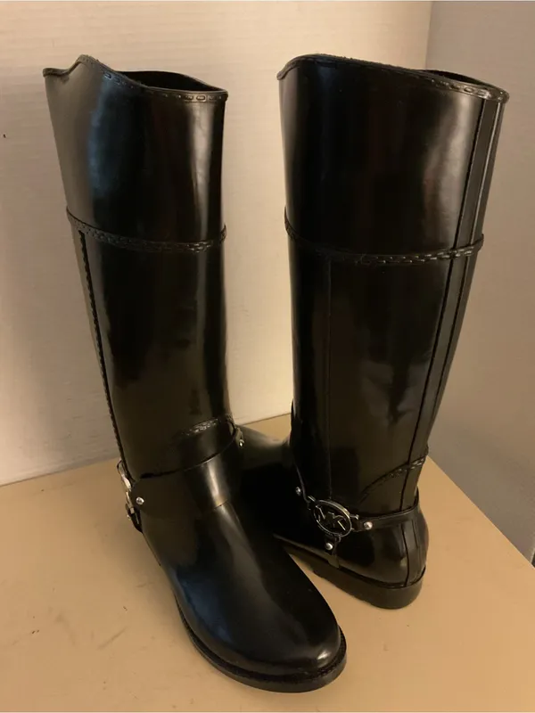 Michael Kors women Glossy Black Tall MK Logo Fulton harness Rain Boots US 8 - Image 8