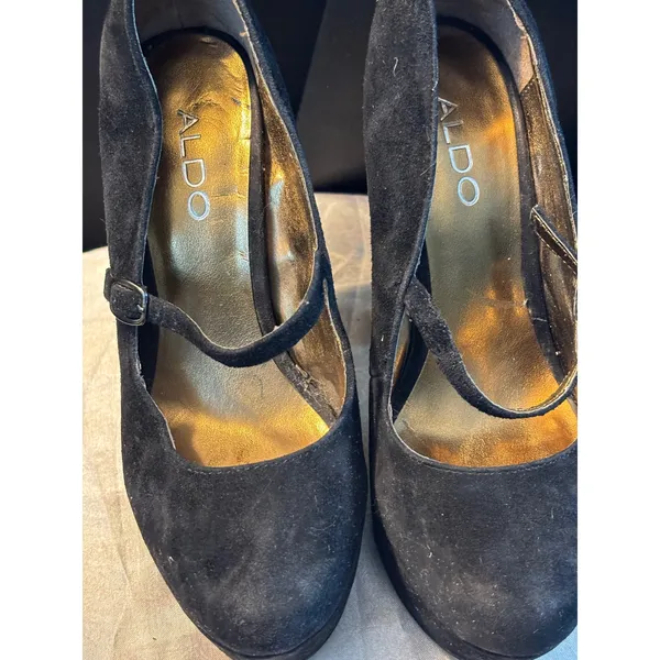 Aldo Black Suede Mary Jane Platform Pumps Gold Insole High Block Heel Size 37 - Image 4