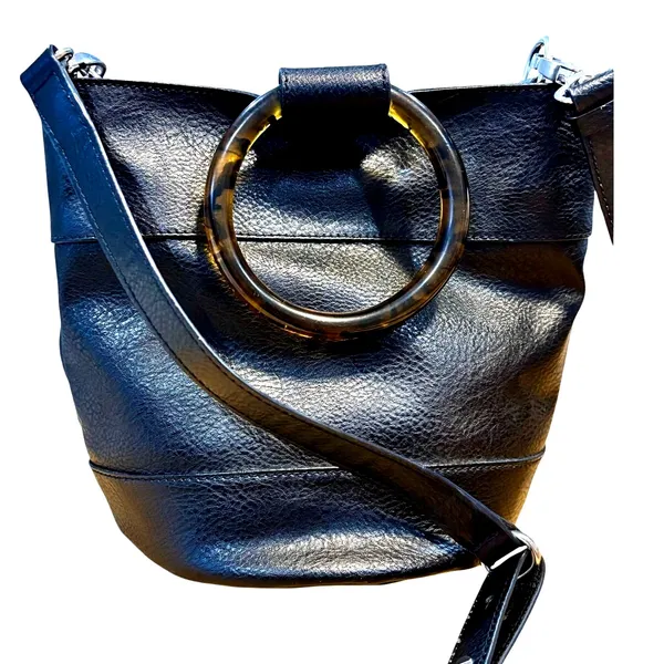 Y2K Abercrombie Black Faux Leather Crossbody Bucket Bag Tortoise Handle Retro - Image 2