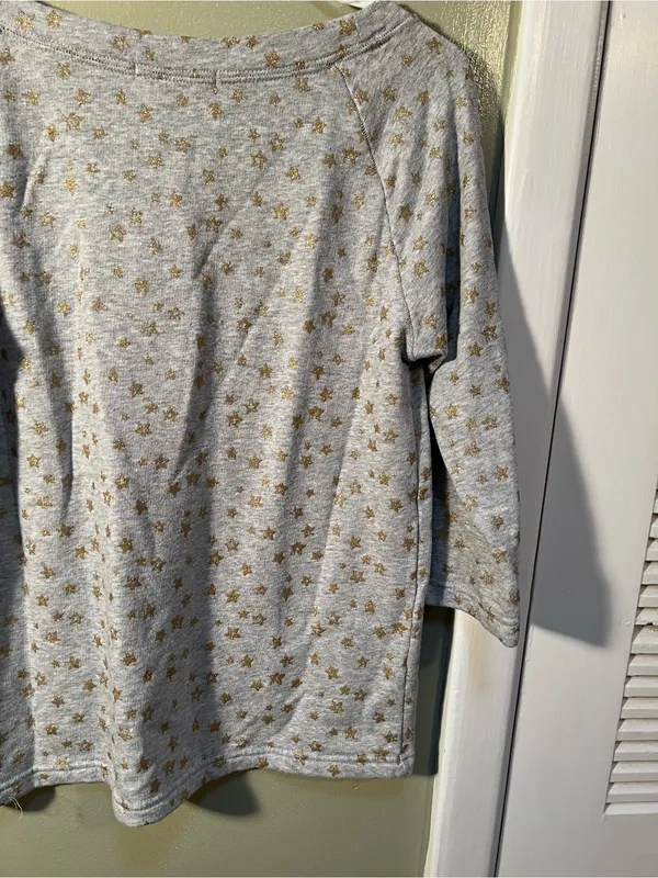 Gap Women’s Sz Medium Sweatshirt 3/4 Sleeve Heather Gray Gold Glitter Star Print - Image 8