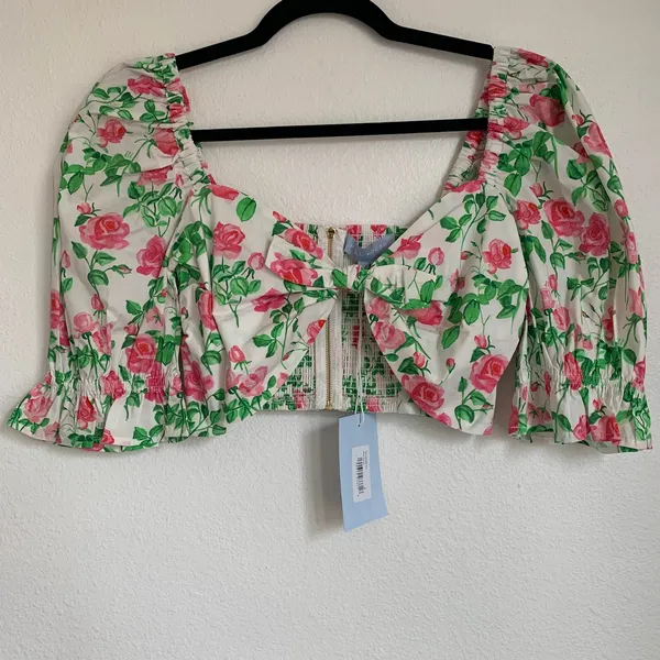 NWT Hill House Home‎ Puff Sleeve Floral Bow Crop Top in White/Pink - Image 3