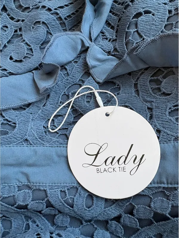 Lady Black Tie Navy Blue Lace Ruffle Detail Midi Dress Size 2 - Image 6