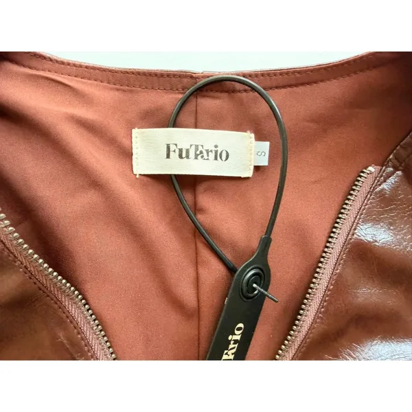 Chocolate Brown Eco Leather Zip-Front Mini Dress NEW Utility Pockets Size Small - Image 4
