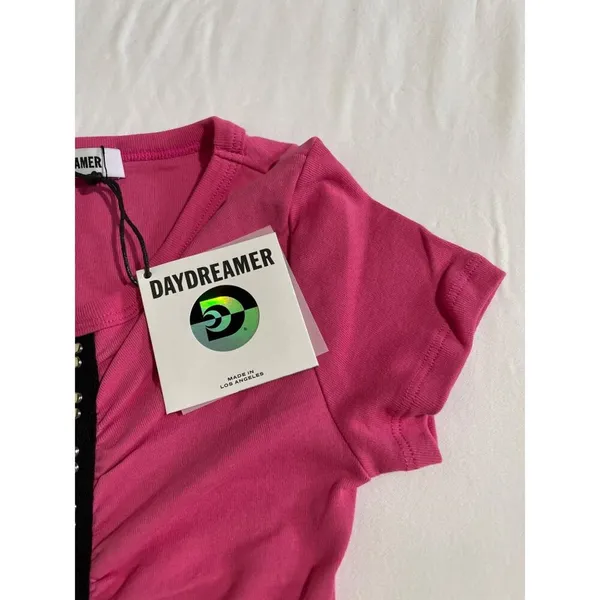 Daydreamer Pink Ribbed Baby Tee Cropped Y2K Fitted Graphic Top Large - Image 6
