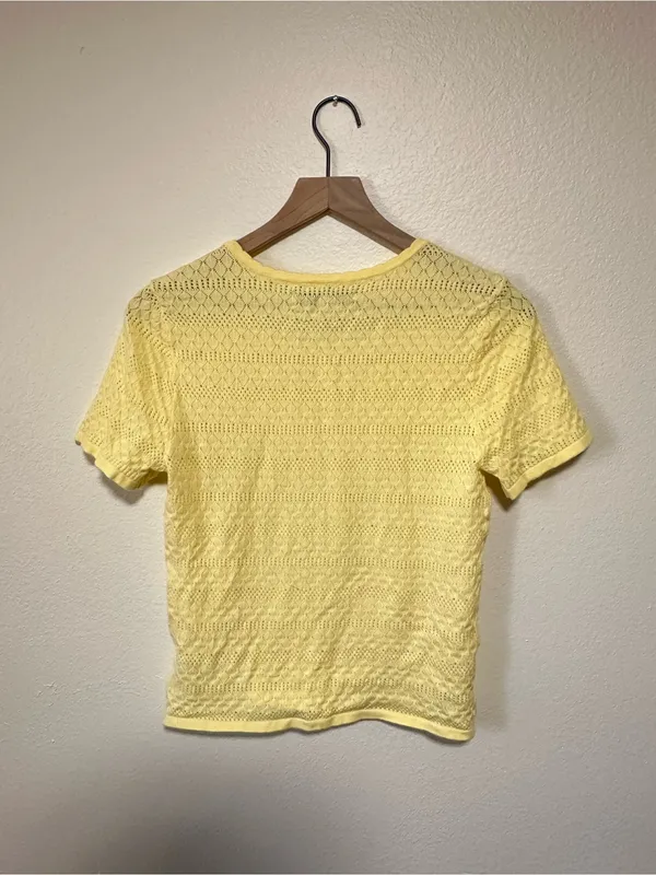 💛Celebrity Pink Yellow Crochet Short Sleeve Henley Top - Image 5