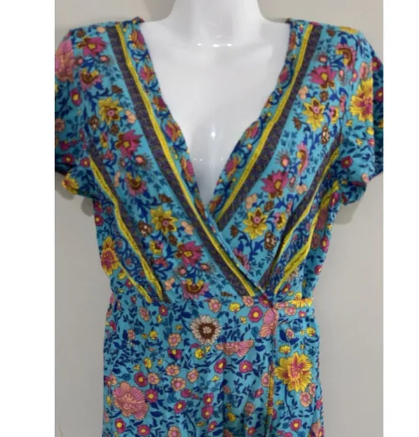 Pretty Garden Wrap Short Sleeve Maxi Dress Colorful Beautiful Boho Prairie sz M - Image 5