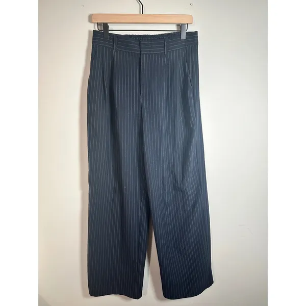 GU Navy Blue Pinstripe Pleated Wide Leg Pants High Rise Office Trousers L - Image 4