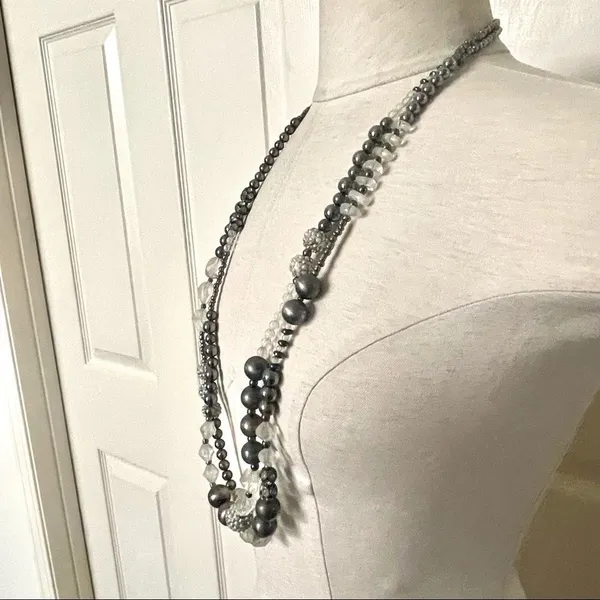 Long double strand grey and clear beaded statement necklace - Image 5