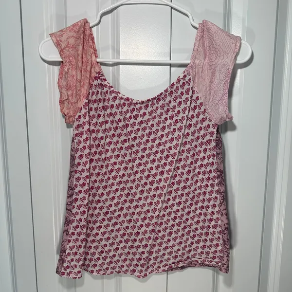 Mixed Print Top Womens XS Pink Floral Paisley Cap Sleeve Boho Silky Flowy Pajama - Image 4