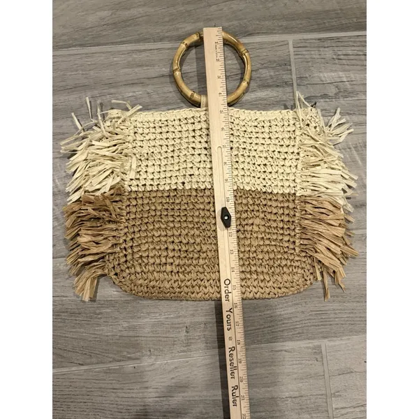 Boho Straw Crossbody Bag Bamboo‎ Handle Fringe Tote Beach Purse Two Tone Chic - Image 9