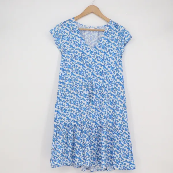Gap Womens Blue White Floral V-Neck Tiered Mini Dress Size M Rayon Pockets - Image 2