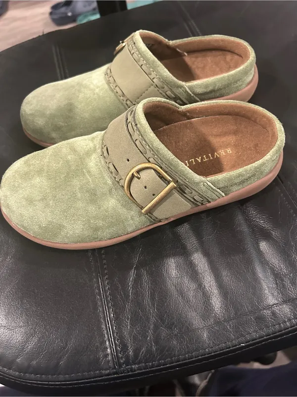 REVITALIGN Olive Green Suede Buckle Clog Mules - Image 3