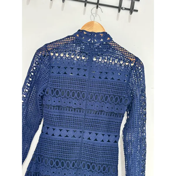 Two Sisters The Label Navy Blue Lace Mini Dress Long Sleeve Mock Neck US 4 NWT - Image 3