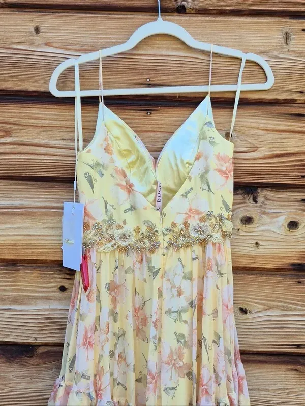 NWT Mac Duggal 67794 Yellow Tiered Floral Chiffon Gown Size 2 - Image 15