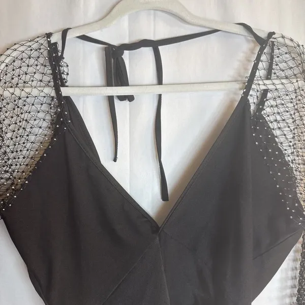 ENVME BLACK STRETCH RHINESTONE MESH BODYSUIT SNAP CROTCH Size Small NWT - Image 9