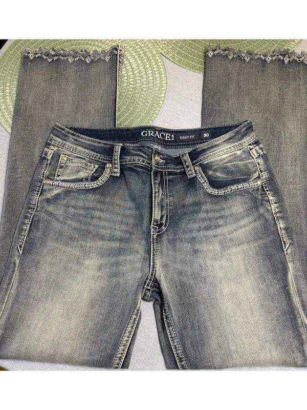 Grace In LA Easy Fit Embellished Bootcut Jeans Rhinestones Thunderbird Sz 30 - Image 2