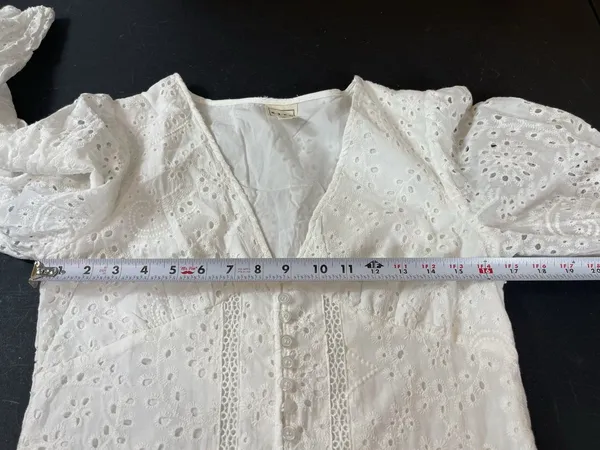 CIEN White Eyelet Button Babydoll Mini Dress M V-Neck Long Sleeve Cottagecore - Image 11