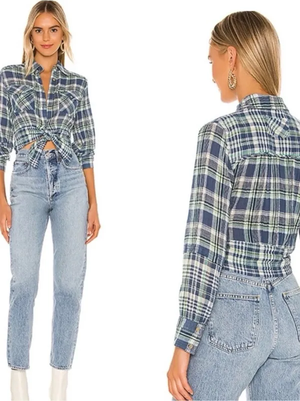 Free People We The Free First Bloom Plaid Tie Front Crop Shirt Blue Size Large - Image 11