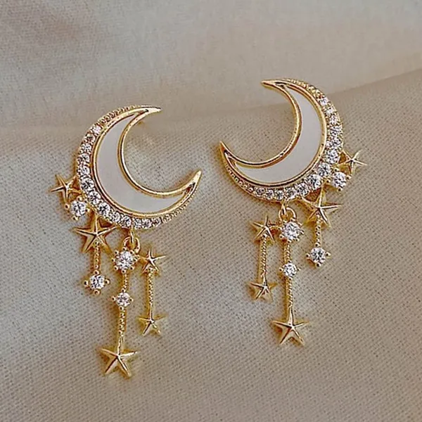 18K Gold Moon Stars Tassel Stud Earrings - Image 3