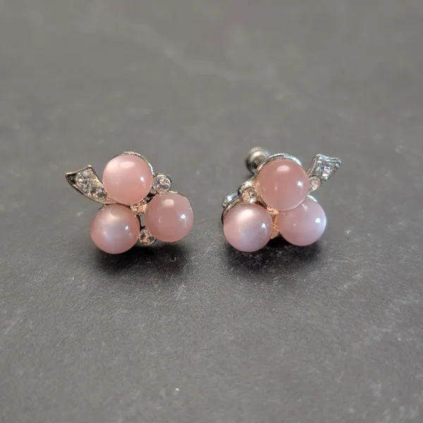 Vintage Screw On Earrings Pink Trio with Clear Gem Accents - Tarnished - Image 3