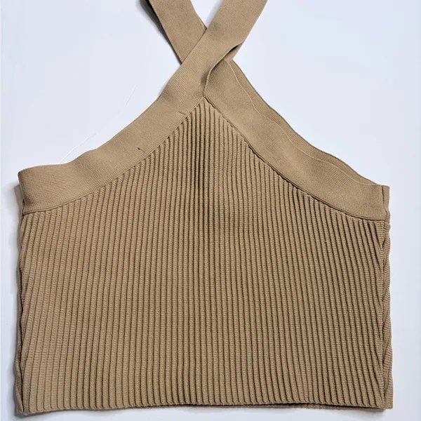 Tan Ribbed One Shoulder Halter Crop Top Sz S a35 - Image 5