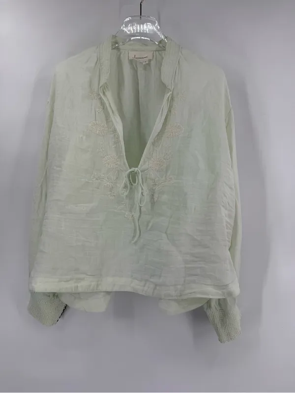 By Anthropologie Long-Sleeve Embroidered‎ Linen Tie-Front Top Blouse mint green - Image 5