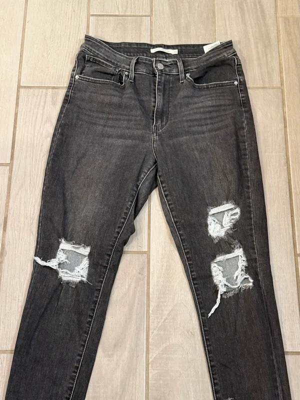 Women's High-Rise Straight Leg Ripped Jeans in Washed Black - Image 3