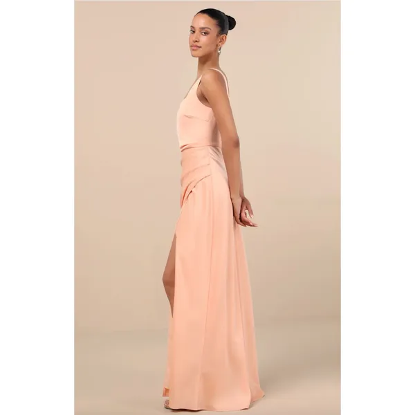 NEW Lulus Red Carpet Romance Peach Satin Square Neck Maxi Dress Formal Medium - Image 3