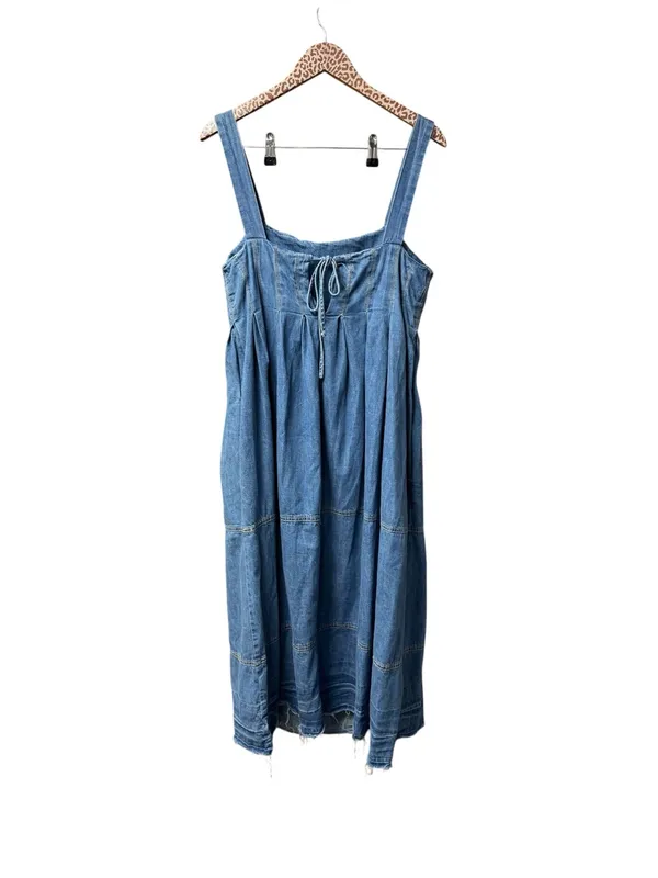 Free People Pretty in Pleats Indigo Blue Denim Raw Hem Midi Dress Medium $148 - Image 4