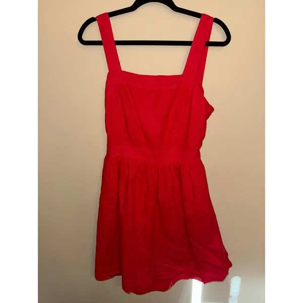 J.Crew Red Linen Cotton Apron Dress M Pockets Tie Open back J0982 Picnic Preppy - Image 3