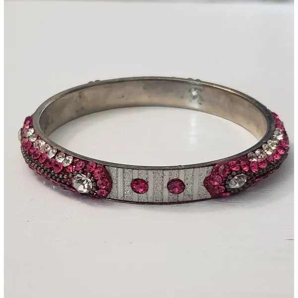 Vintage Bracelet / Bangle Pink & Silver Tone with Clear Gems - Image 4