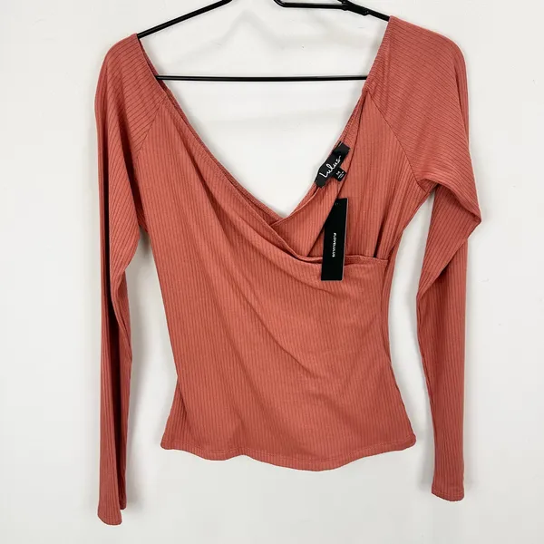Lulus All Day Fave Rusty Rose Ribbed Surplice Long Sleeve Top Stretch Medium NWT - Image 5