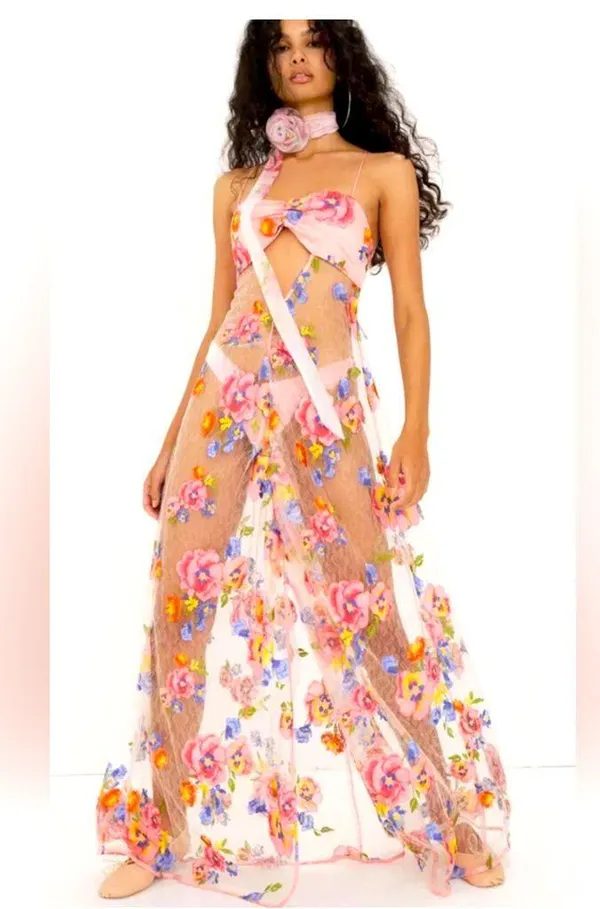 For Love & Lemons Embroidered Maxi Detailed Floral Appliqué NWT Size XS NWT - Image 5