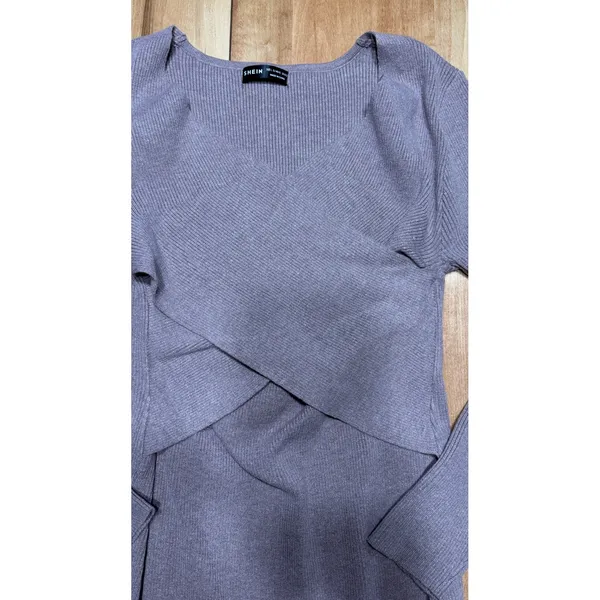 SHEIN Womens Mauve Ribbed Knit Criss Cross Wrap V-Neck Midi‎ Bodycon Dress Large - Image 2