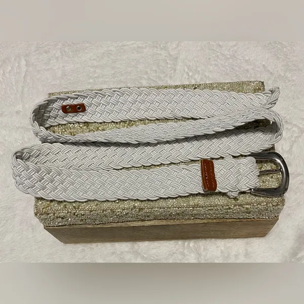 Ralph Lauren White Braided Cord Belt Silver Buckle Trim Size 44 inches - Image 5