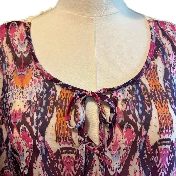 COMO Vintage Top Blouse Tunic SZ L Multicolor Sheer Crochet Bell Sleeves Boho - Image 3