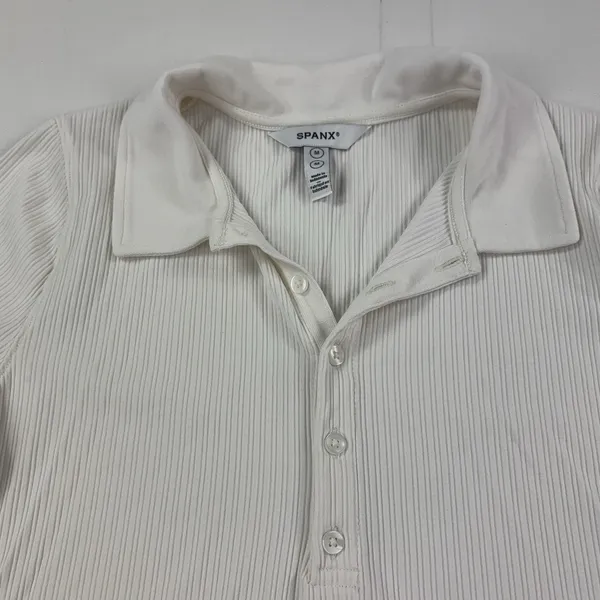 SPANX Rib Polo Top Women's Medium Ivory Short Sleeve Stretch Knit 20991R - Image 3