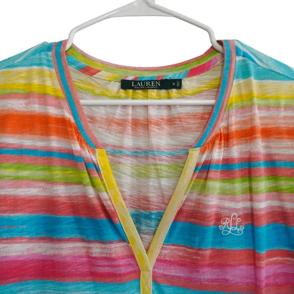 Lauren Ralph Lauren Striped Cotton Shift Dress Multi Color V-Neck‎ Embroidered - Image 3