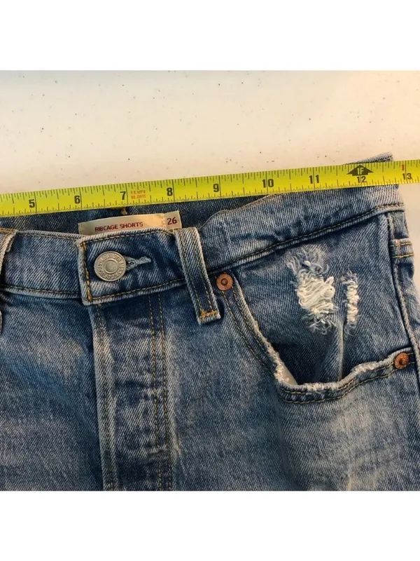 Levis Womens Ribcage Jean Shorts Blue Distressed Medium Wash Stretch Pockets 26 - Image 3