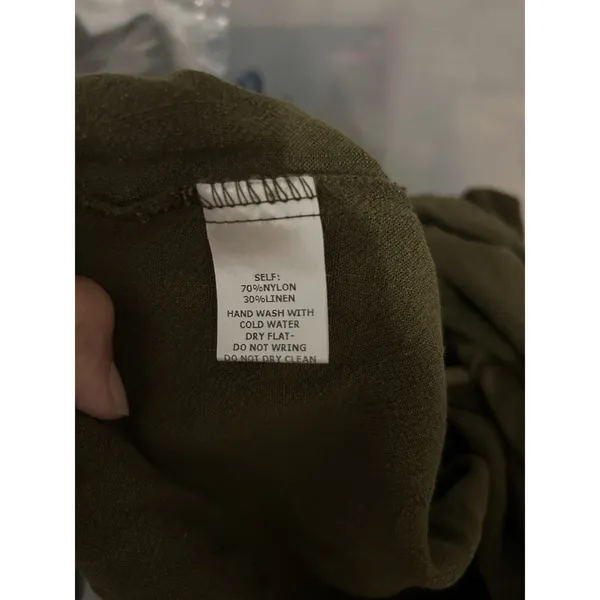 Women’s Olive Green Midi dress Sz Medium pockets Prairie Cottagecore Boho Ruffle - Image 8
