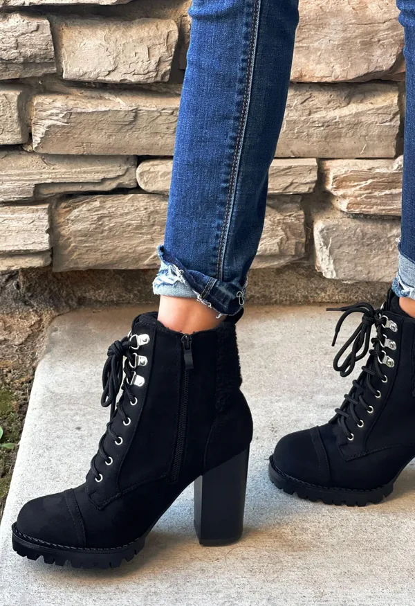 Top Moda Black Sherpa Lined Chunky Lug Sole Ankle Bootie - Image 2